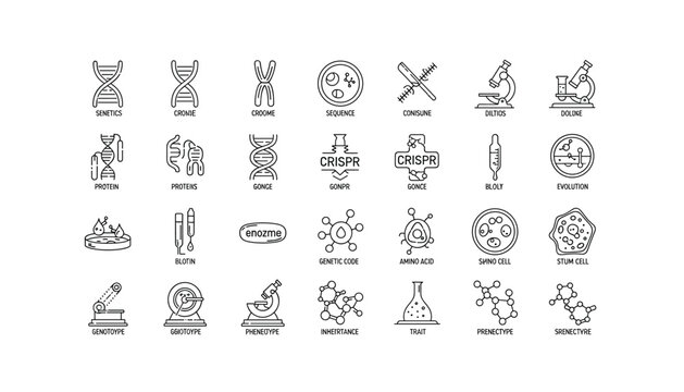 Genetic and molecular biology illustrations with laboratory equipment and scientific terms