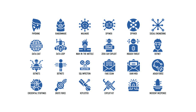 Cybersecurity threats and hacking concepts icons
