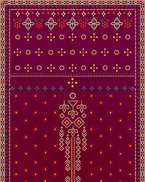Traditional Geometric Textile with Chunri Border Design, Traditional Indian Textile Design with Geometric Motifs and Ornate Borders on a Maroon Background, cultural heritage 