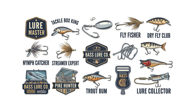 Vibrant fishing lures and tackle box labels for outdoor enthusiasts and professionals
