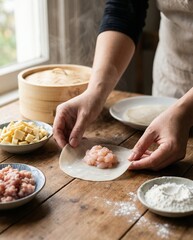 Fototapeta premium Hands preparing dumpling with raw minced filling on dough wrapper on wooden table with bamboo steamer and bowls of ingredients in background