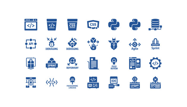 Collection of software development icons for coding and programming