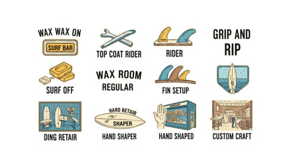 Obraz premium Surfboard stickers for surfers and surf shops with various designs