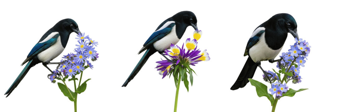 Black and White Magpie Bird on Purple Aster and Blue Forget-Me-Not Flowers Isolated on White - High-Resolution Wildlife Illustration for Ornithology, Garden Blogs, and Nature Decor