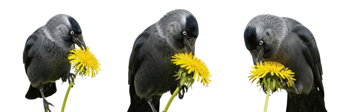 High-resolution sequence of a Jackdaw bird investigating a yellow dandelion flower, isolated on a white background, perfect for nature studies and avian wildlife photography.