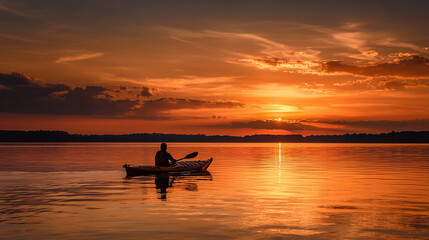 Fototapeta premium A sunset silhouette of a kayaker against glowing orange water and sky