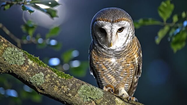 Owl perched on a tree branch under the full moon at night.