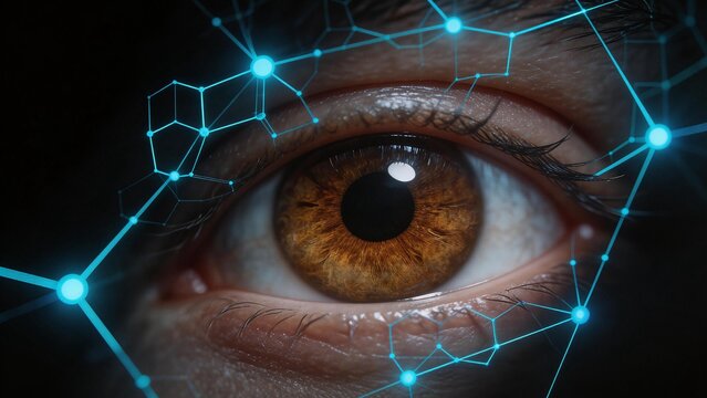 Closeup of human eye with digital network overlay