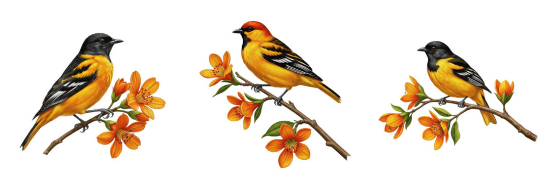 Majestic Orange Oriole Birds Perched on Spring Blossom Branches, High-Resolution Songbird Photography Isolated on Pure White Background for Autumnal and Tropical Nature Decor