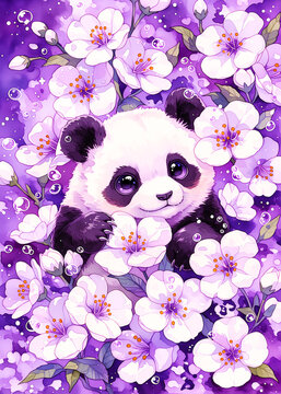 a panda bear surrounded by purple flowers and natural lighting animal bear panda purple flowers blos