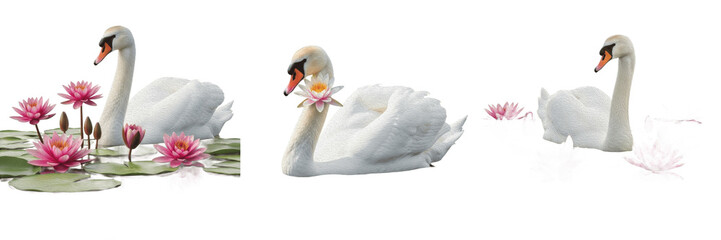 Fototapeta premium Three-panel digital illustration of a majestic white mute swan among pink lotus lilies and green lily pads, isolated on white background, ideal for serene nature and spa-themed decor.
