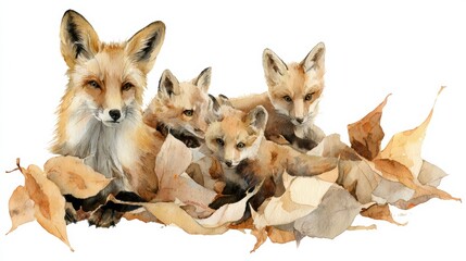 Naklejka premium Fox Family in a Woodland Setting With Autumn Leaves and Warm Color Washes Featuring a Mother Fox and Her Three Kits