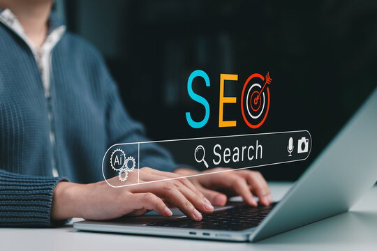 SEO search and AI optimization Concept. Person using laptop with search bar, target icon, smart tools representing search visibility, keyword strategy, content discovery, digital marketing performance