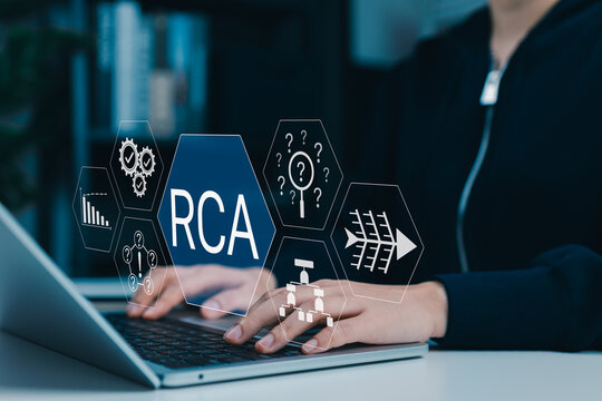 Root Cause Analysis Problem Solving Concept. RCA interface, question, process diagram, performance chart, workflow, issue investigation, problem identification, corrective action, process improvement
