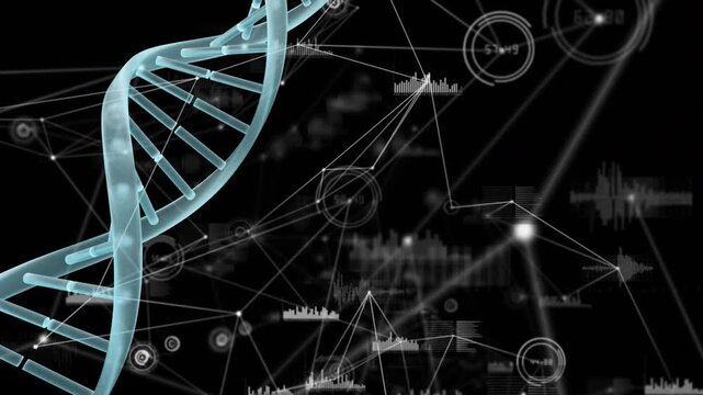 Animation of dna strand over network of connections on dark background