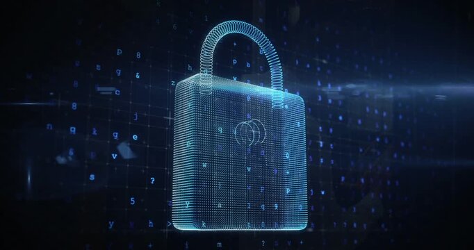 Animation of cyber attack warning and padlock icon over server room