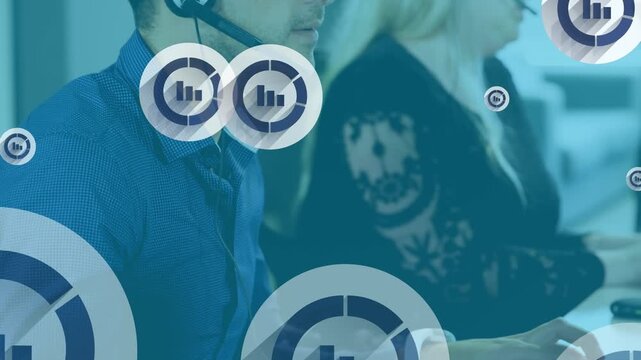 Animation of online icons over diverse business people wearing phone headsets