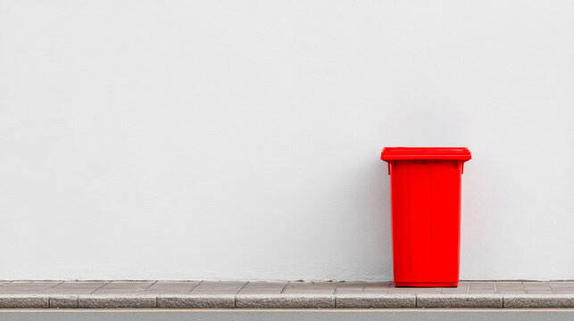 Red bin by white wall. A red trash bin is sitting on a gray pavement next to a blank white wall during daylight hours.