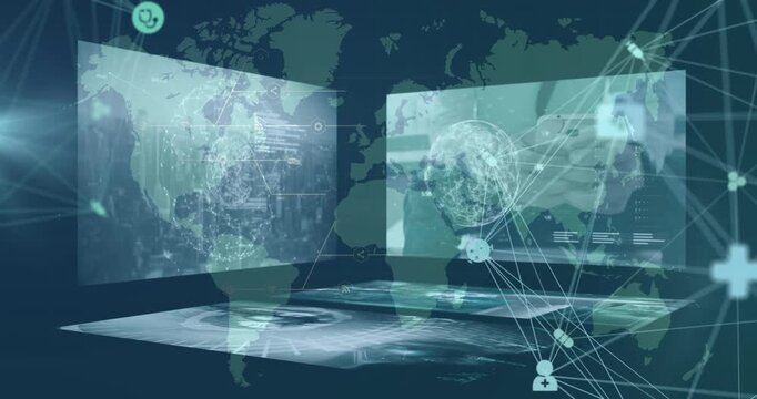 Animation of network of connections with icons over data processing and world map