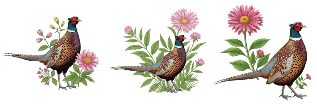 Set of three ring-necked pheasant bird illustrations with pink flowers isolated on a white background