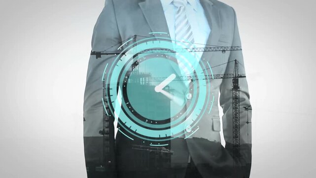 Animation of neon ticking clock over mid section of businessman touching futuristic screen