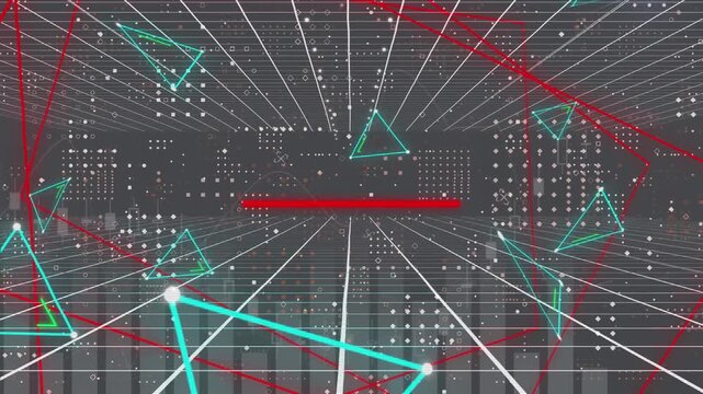Animation of neon triangular shapes over dots pattern against statistical data processing