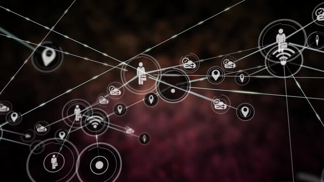 Animation of profile, map pin, cloud computing icons connecting dots on digital interface