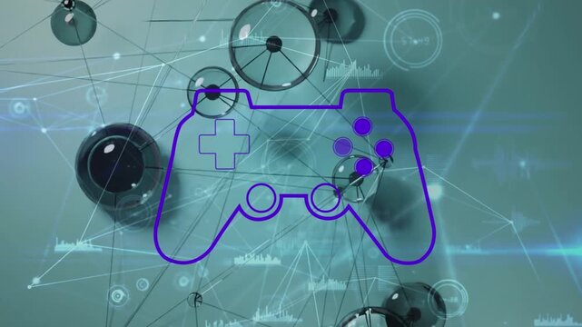 Animation of videogame controller icon against network of connections and data processing