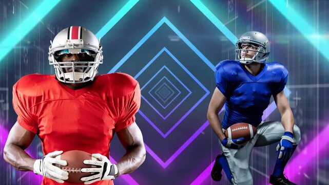 Animation of american football player holding ball over light trails