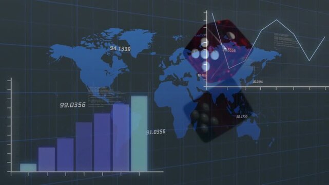 Animation of data processing and world map over dices