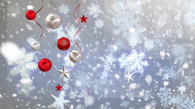 Animation of hanging christmas bauble decorations against snowflake icons on grey background