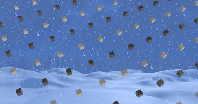 Animation of rows of cubes pattern and christmas snow falling over winter scenery