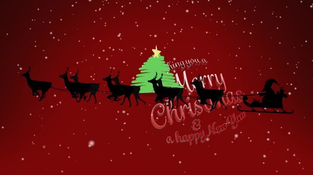 Animation of christmas greetings text and santa claus in sleigh with reindeer on red background