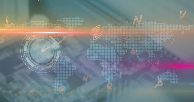 Animation of letters, lens flares, digital clock and dots connected over map on abstract background