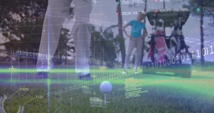 Animation of binary coding, data processing over male golf player on golf course