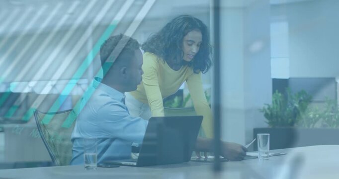 Animation of graphs, loading circles and globe over diverse coworkers sharing ideas in office