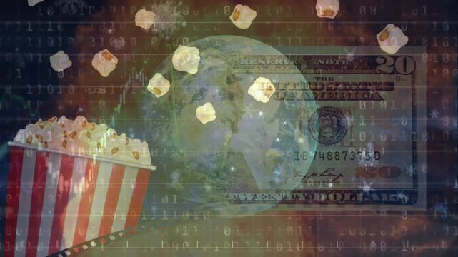 Animation of globe, popcorn, binary coding data processing over american dollar bill in flames