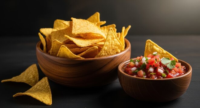 Bowl of chips and salsa for game day snacks and social gathering food promotion on dark background