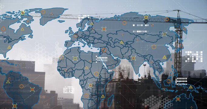Animation of map and circuit board pattern over crane on under construction building against sky