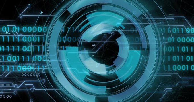 Animation of loading circles and circuit board pattern with binary codes over connected dots