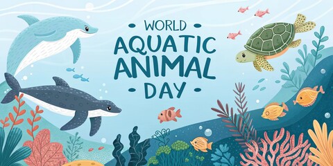 Obraz premium World aquatic animal day underwater scene with dolphin turtle fish and ocean wildlife banner