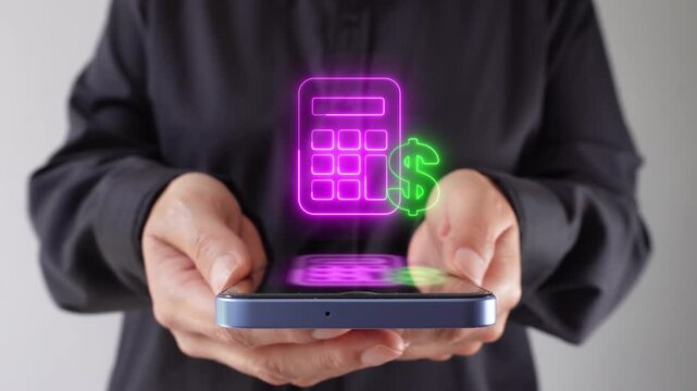 Hands hold phone, glowing calculator and dollar sign float above. Ideal for business, finance, or tech-related projects