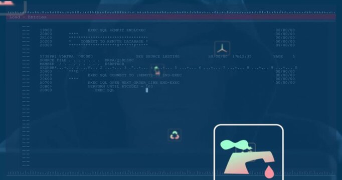 Data analyst typing database query on laptop generating icons and code display for eco metrics