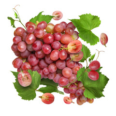 Obraz premium Fresh juicy grapes and green leaves in air on white background