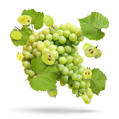 Obraz premium Fresh juicy grapes and green leaves falling against white background
