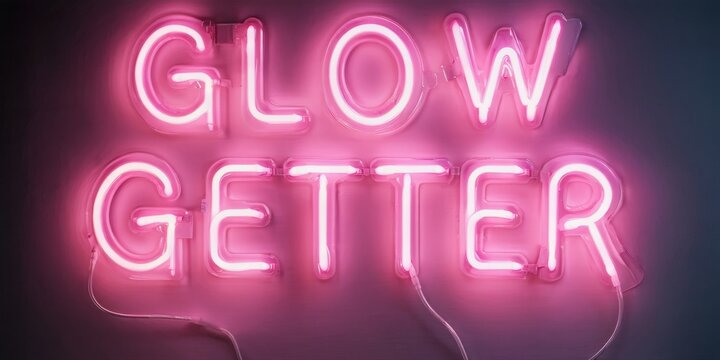 Bright pink neon sign displays words glow getter. Dark background emphasizes vibrant illumination, modern aesthetic. Simple, bold lettering.