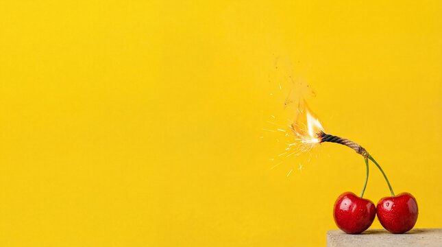 Two fresh red cherries on yellow background with burning fuse as a bomb concept