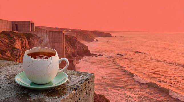 Steaming cup of tea in a cracked eggshell cup overlooking a coastal cliff sunset