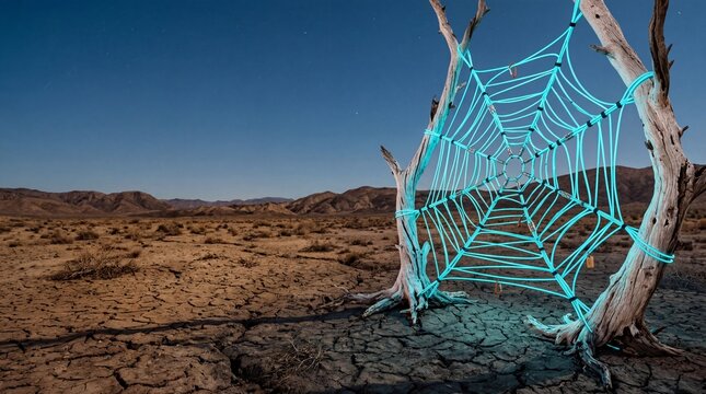 Glowing neon spider web on dead tree in a cracked desert landscape