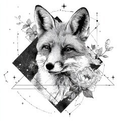 Naklejka premium Detailed Hand-Drawn Doodle Illustration of a Fox With Floral Elements and Geometric Patterns in Black Ink on White Background